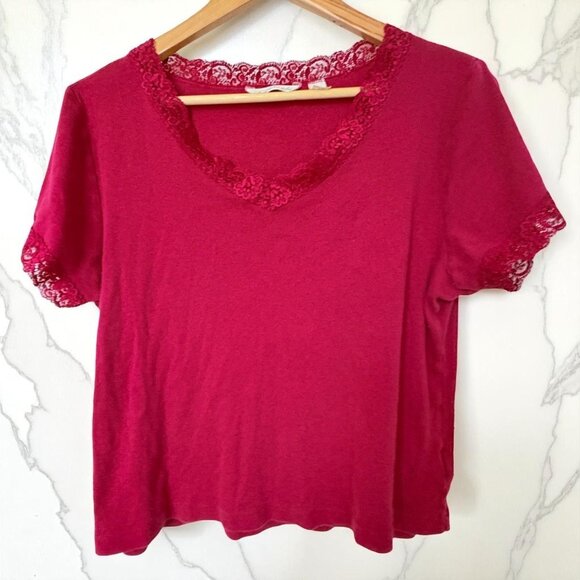 Derek Heart Plus Womens Dark Pink T-Shirt Size 2X Lace Trim Top - Picture 1 of 8